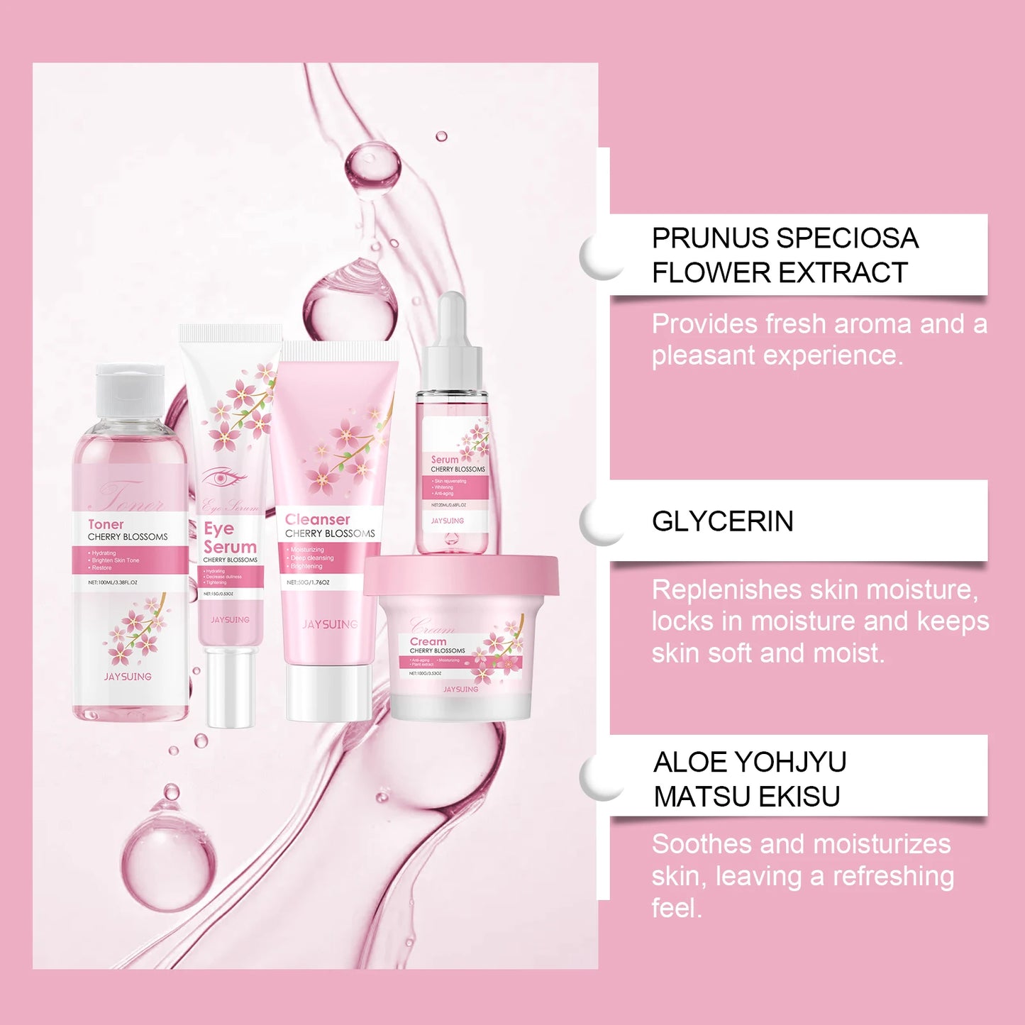 Sakura Skincare Set Moisturizer Face Cream Serum Toner Facial Cleanser Eye Cream Anti-Wrinkle Brighten Face Care Kit for Women