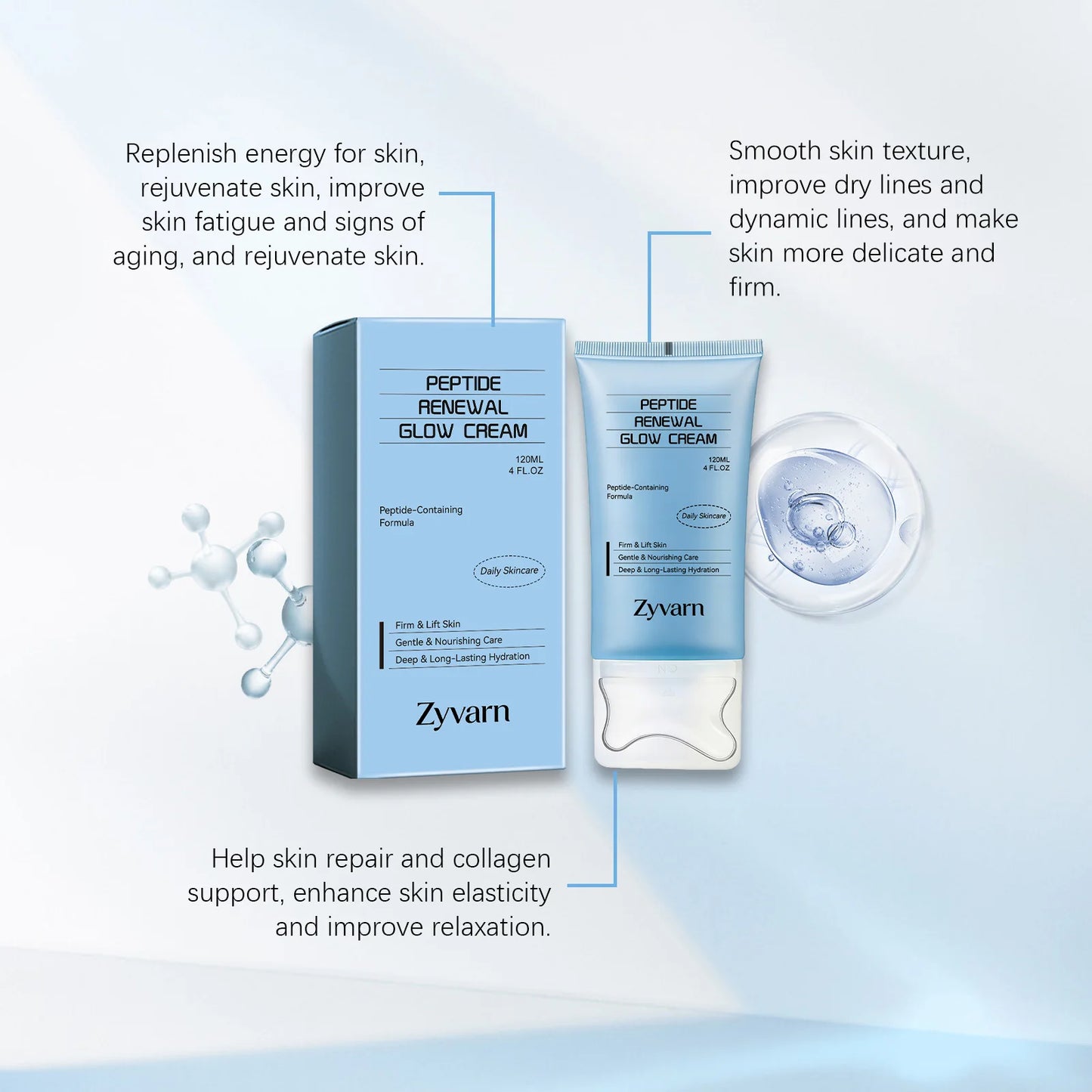 Peptide skincare cream, gently moisturizing, massage onto facial skin, keeps skin hydrated, daily skincare cream