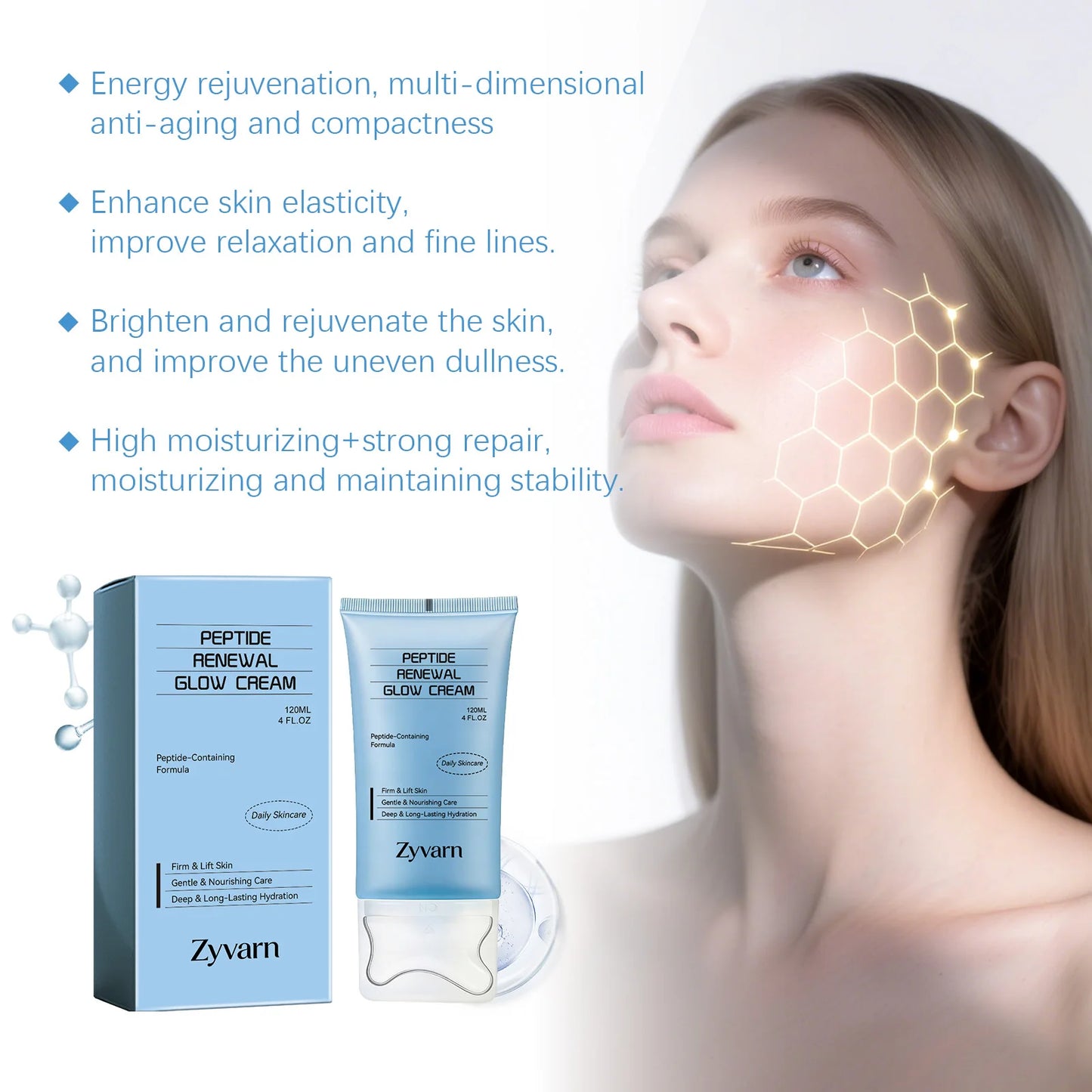 Peptide skincare cream, gently moisturizing, massage onto facial skin, keeps skin hydrated, daily skincare cream
