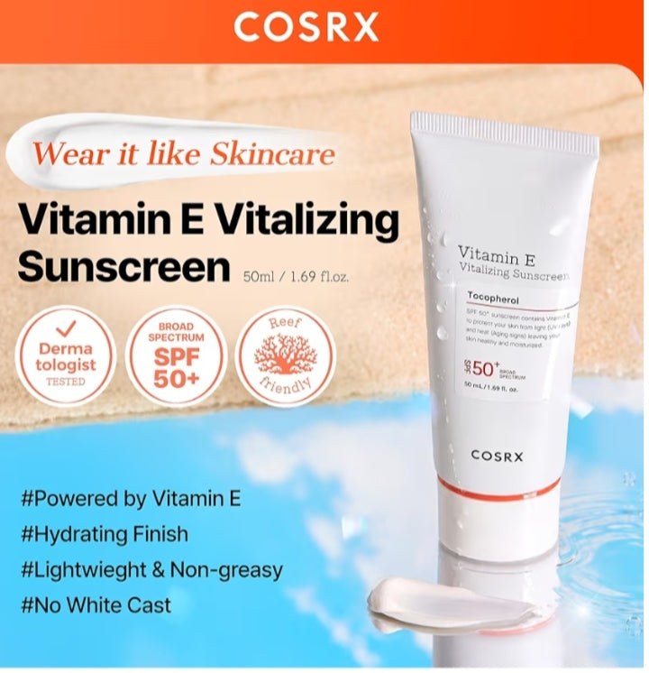 COSRX Vitamin E Sunscreen SPF 50 for Oily Skin | Lightweight Korean Face Sunscreen, No White Cast, Natural Glow, Non-Sticky, Hydrating – 1.69 fl oz